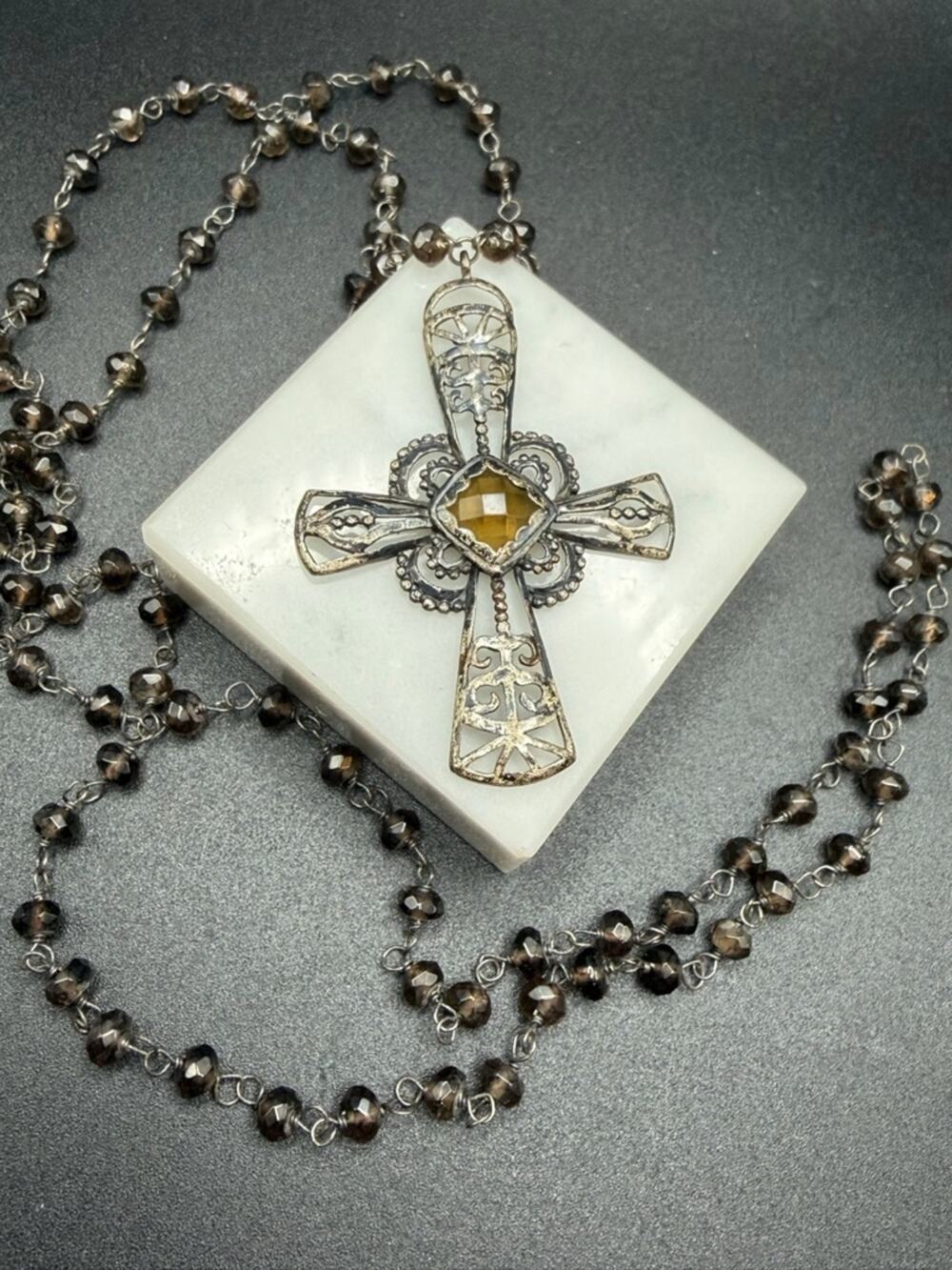 Silpada Marquessa 925 Sterling silver smoky quartz cross necklace #E443